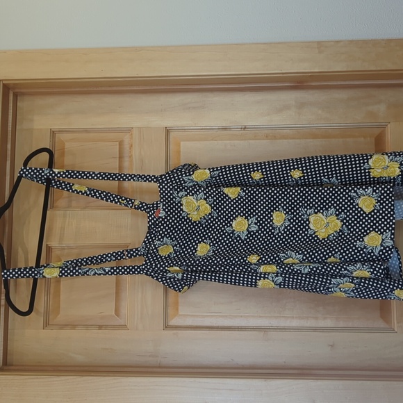 ModCloth Suspender Skirt Sz 2X Pockets Navy White Polka Dot Yellow Floral - Picture 2 of 6